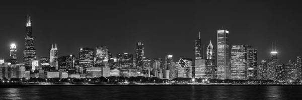 Chicago Skyline at Night Black and White Panoramic