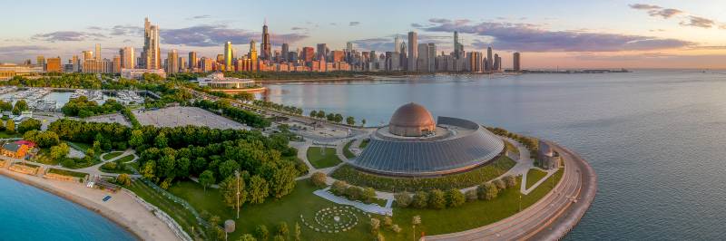 Adler Planetarium and Chicago Skyline Dawn Panoramic