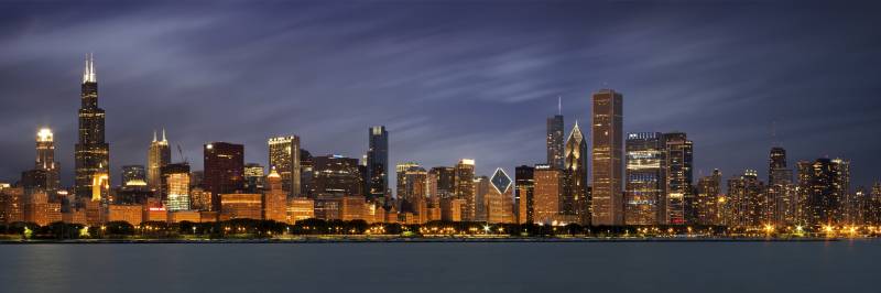 Chicago Skyline at Night Panoramic Wide