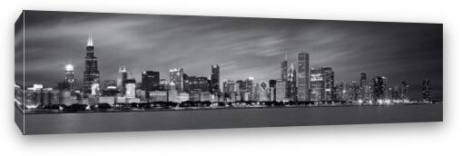 Chicago Skyline at Night - Black & White Panoramic Fine Art Canvas Print