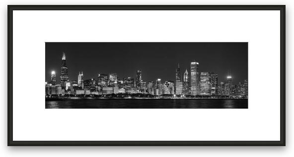 Chicago Skyline at Night Black and White Panoramic Framed Fine Art Print