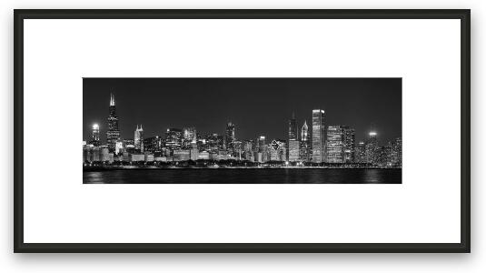 Chicago Skyline at Night Black and White Panoramic Framed Fine Art Print