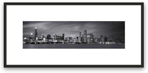 Chicago Skyline at Night - Black & White Panoramic Framed Fine Art Print