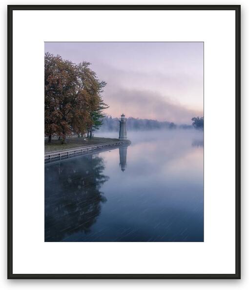 Whispers of Fog: The Fabyan Lighthouse in Autumn's Embrace Framed Fine Art Print