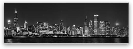 Chicago Skyline at Night Black and White Panoramic Fine Art Metal Print