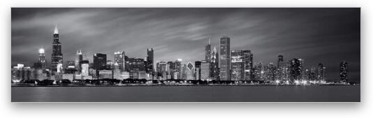 Chicago Skyline at Night - Black & White Panoramic Fine Art Metal Print