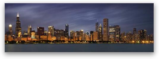 Chicago Skyline at Night Panoramic Wide Fine Art Metal Print