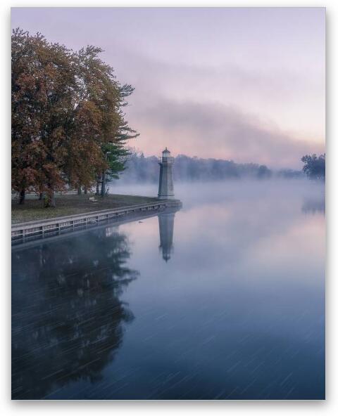 Whispers of Fog: The Fabyan Lighthouse in Autumn's Embrace Fine Art Metal Print